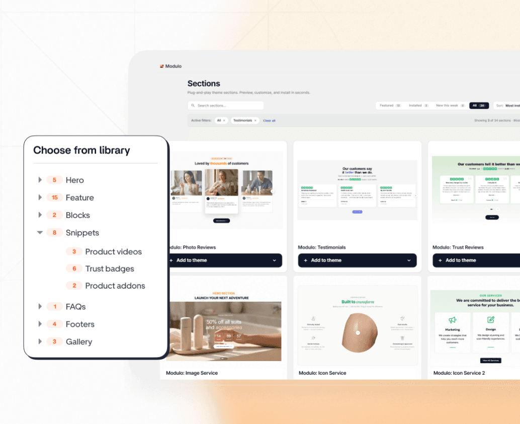 Modulo's section library browser with installable sections like Photo Reviews, Testimonials, and Trust Reviews