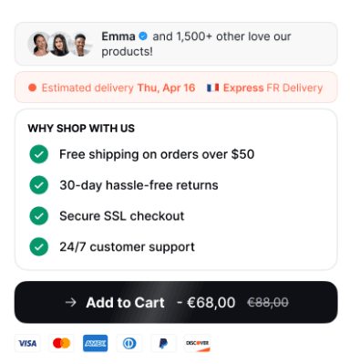 Trust badges, shipping estimate, and sticky add-to-cart on a product page